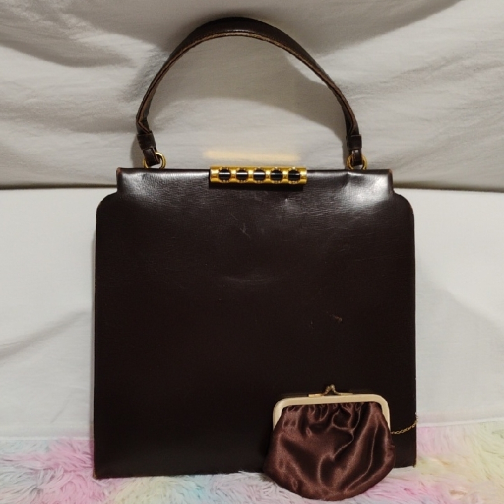 SALE! RARE! Vintage Brown Leather Handbag W Attached Satin Change Purse